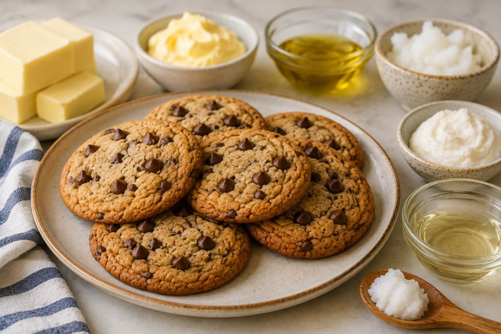 Chocolate chip cookies surrounded by butter and several butter substitute options.