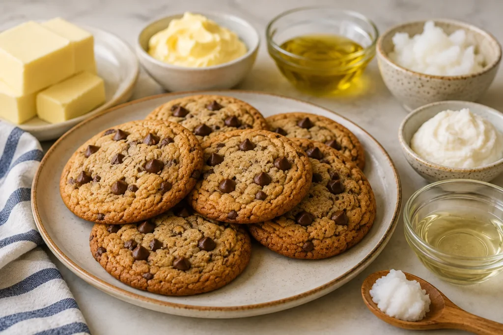 Chocolate chip cookies surrounded by butter and common butter substitutes including oil, coconut oil and dairy alternatives.