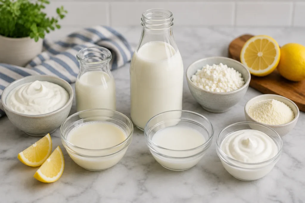 Milk, yogurt, sour cream, cottage cheese, lemon and other common buttermilk substitutes for baking.