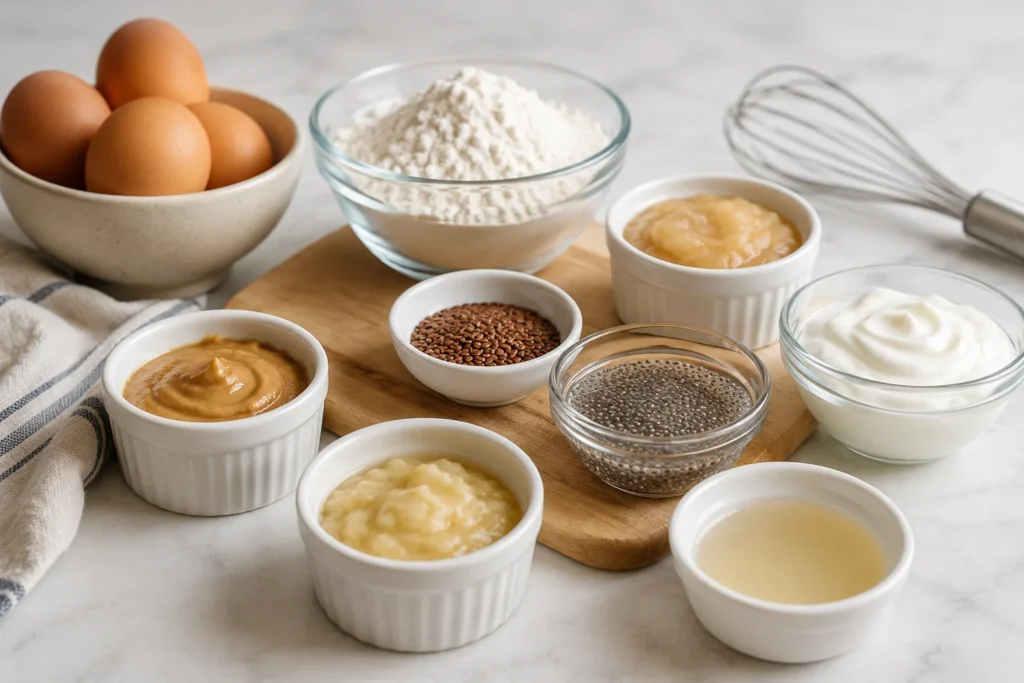 Egg substitute for baking with applesauce, yogurt, flaxseed, chia seeds and other common egg replacements arranged on a kitchen counter.