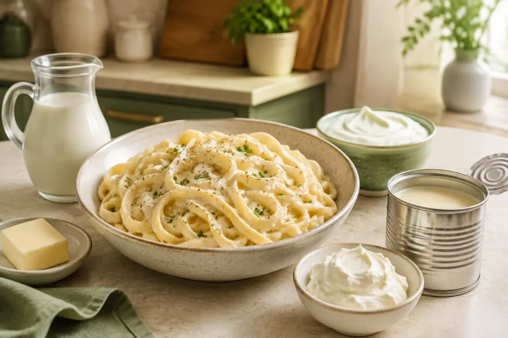 Creamy pasta surrounded by milk, butter, Greek yogurt, cream cheese and evaporated milk as heavy cream substitutes for pasta sauces.