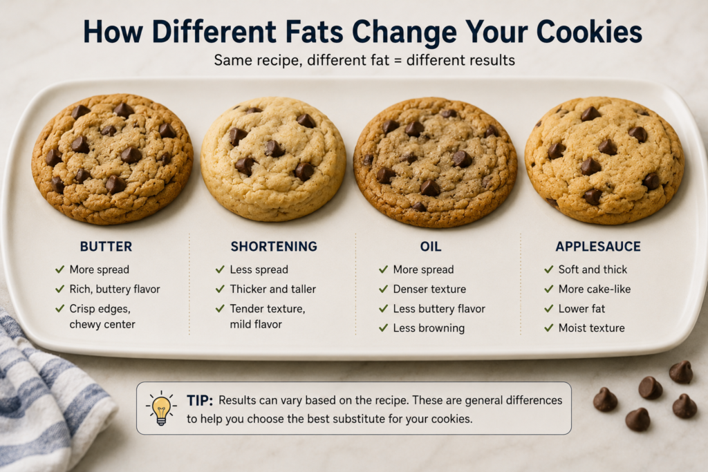 Cookies made with butter, shortening, oil and applesauce showing differences in spread and texture.
