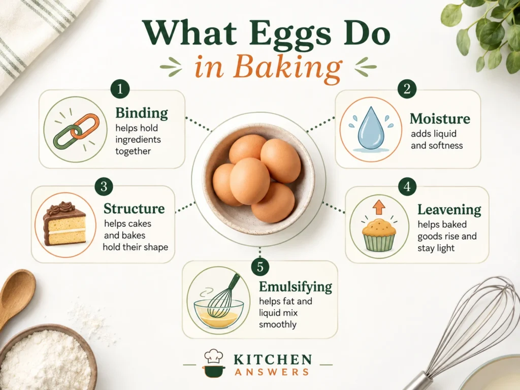 Diagram showing five roles eggs play in baking: binding, moisture, structure, leavening and emulsifying.