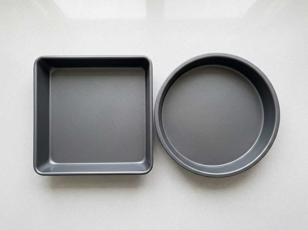 An 8-inch square baking pan next to a 9-inch round pan, showing they cover the same area