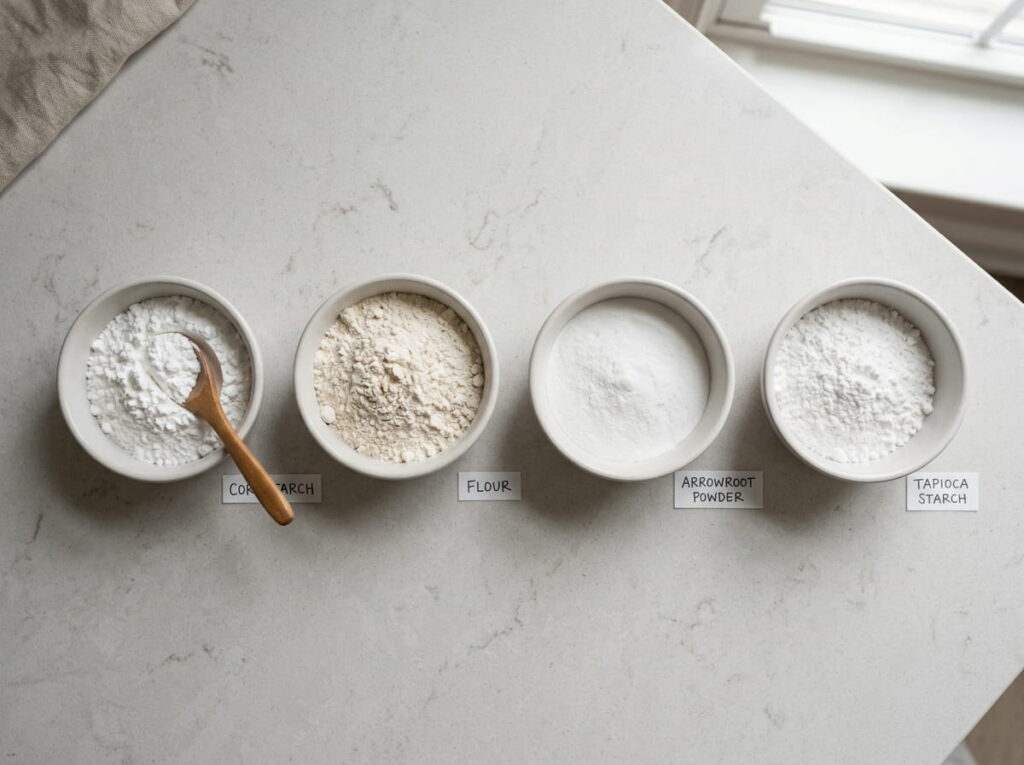 Bowl of cornstarch next to bowls of flour, arrowroot and tapioca starch on a countertop