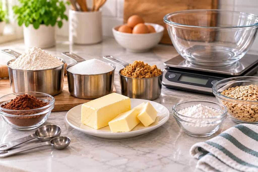 Measuring cups filled with flour, granulated sugar and brown sugar beside butter, oats and a digital kitchen scale.