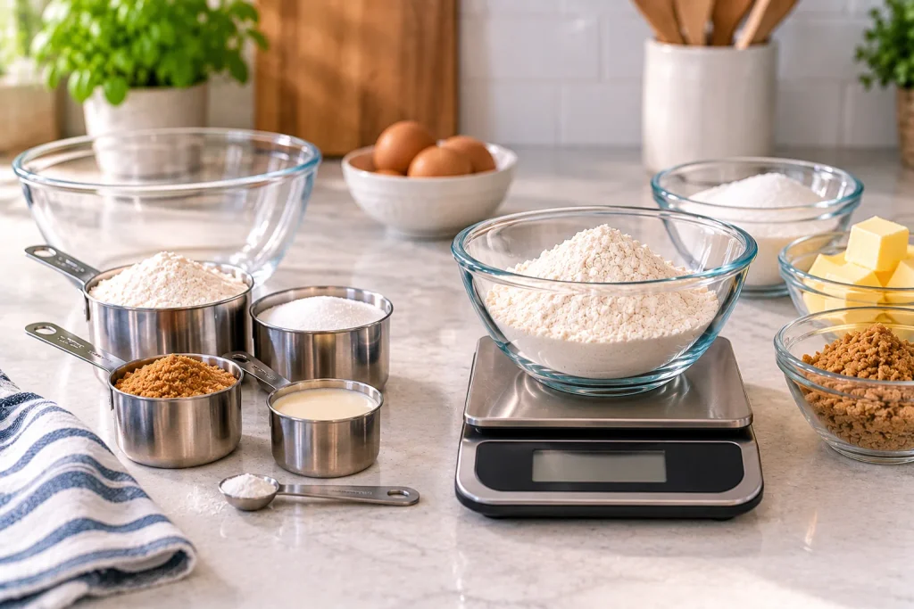 Measuring cups next to a digital kitchen scale for converting cups to grams