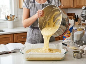 Batter being poured from a large mixing bowl into a 9x13 baking pan when doubling a recipe