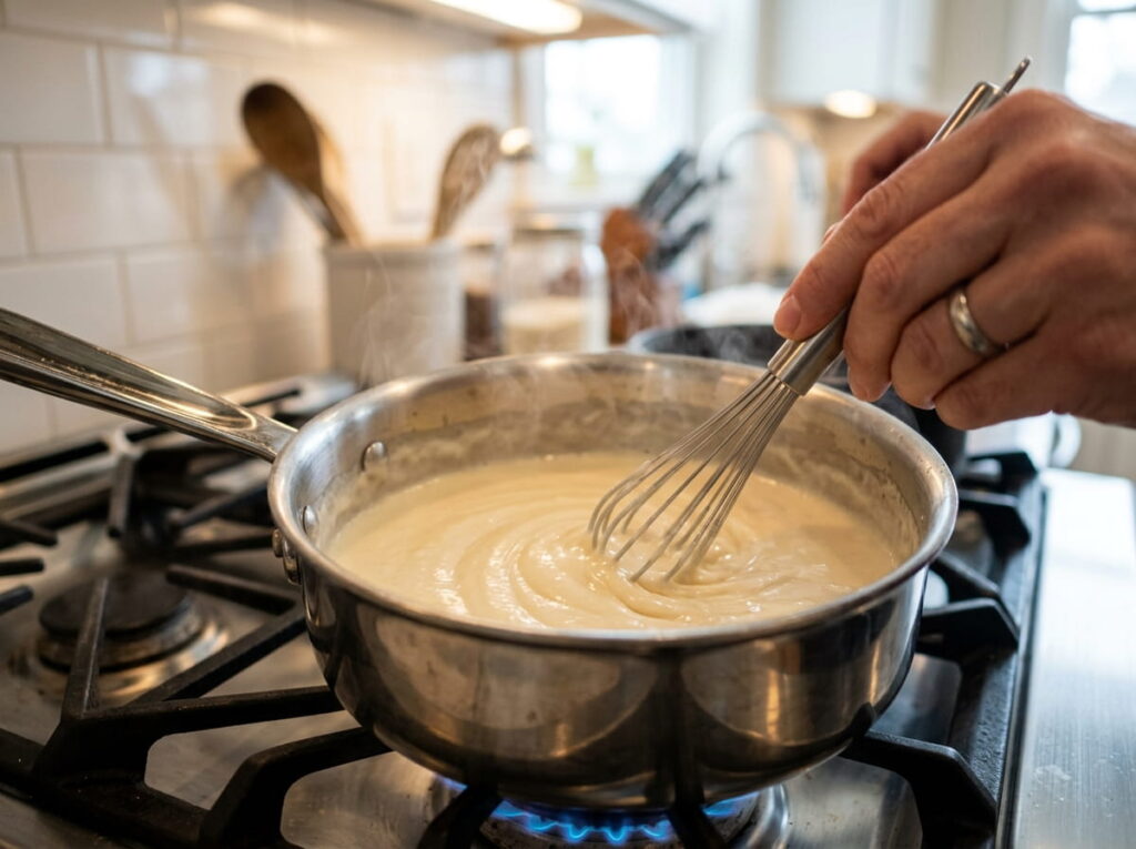 Whisk stirring a flour slurry into a simmering sauce in a saucepan