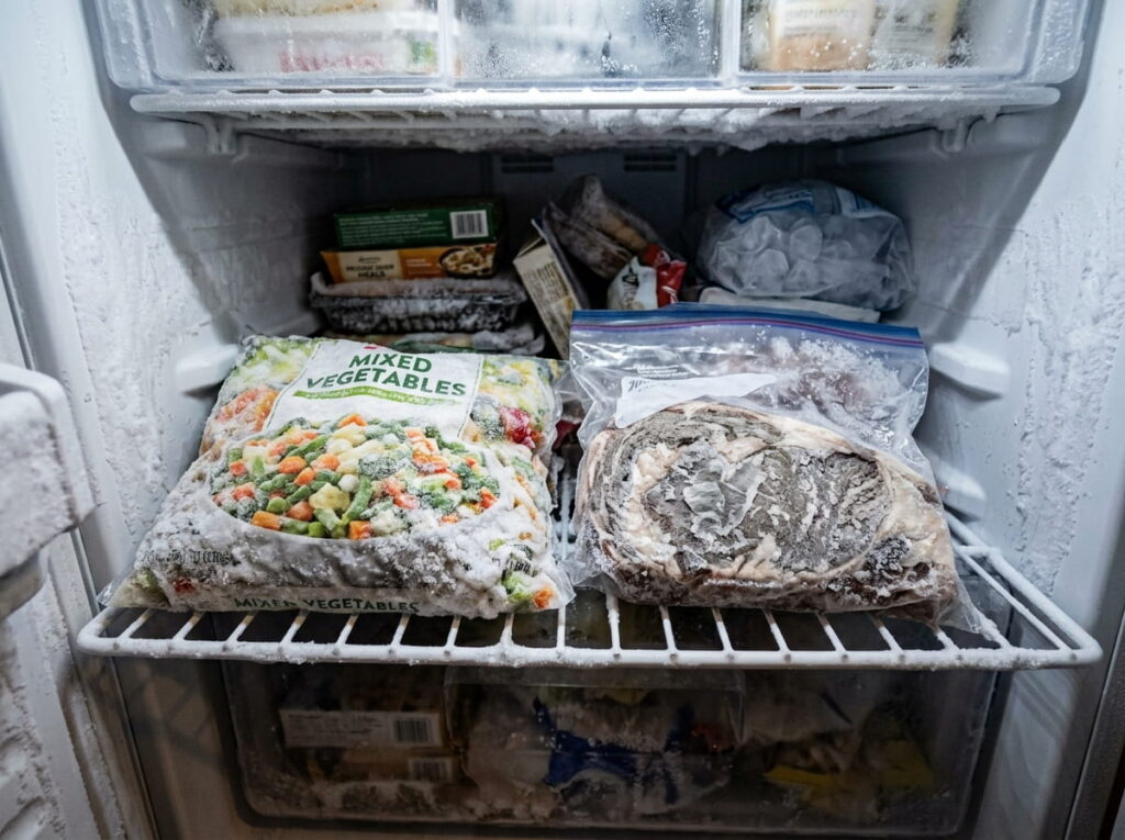 Piece of frozen meat and vegetables with greyish-white freezer burn