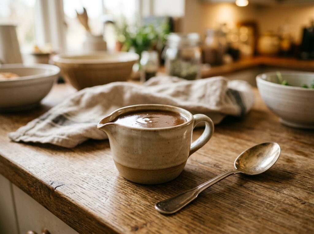 A finished sauce thickened using a cornstarch alternative such as arrowroot or tapioca starch