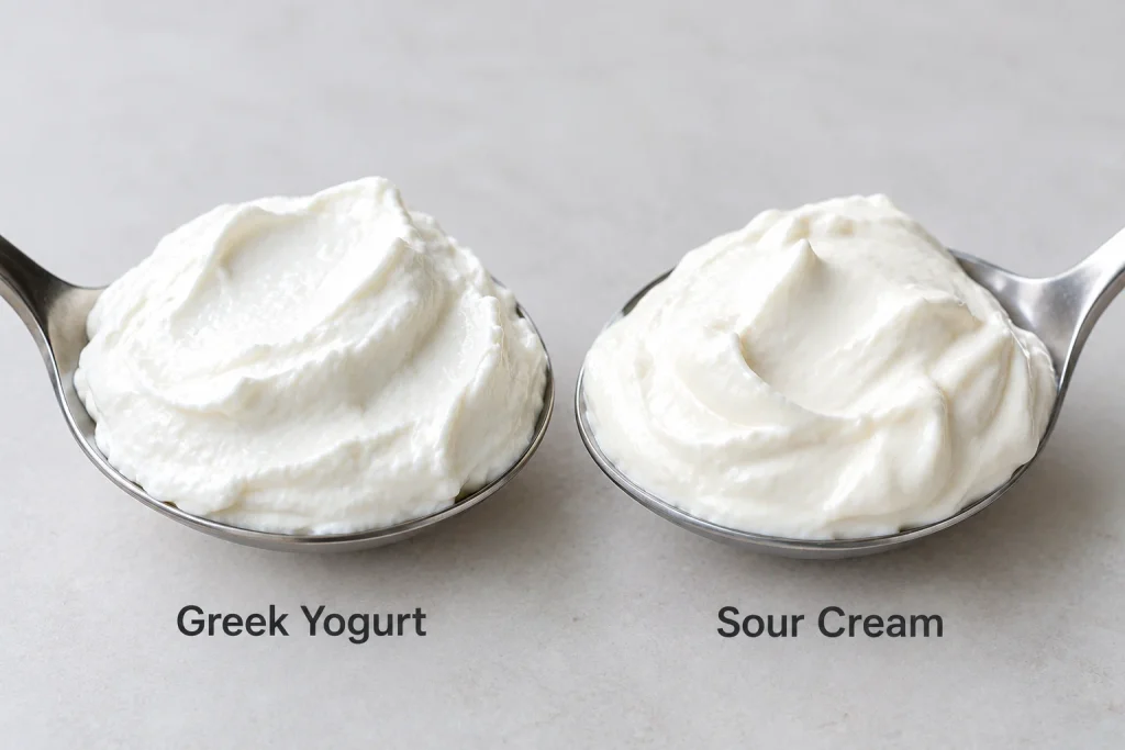 Greek yogurt and sour cream shown side by side, comparing texture and thickness