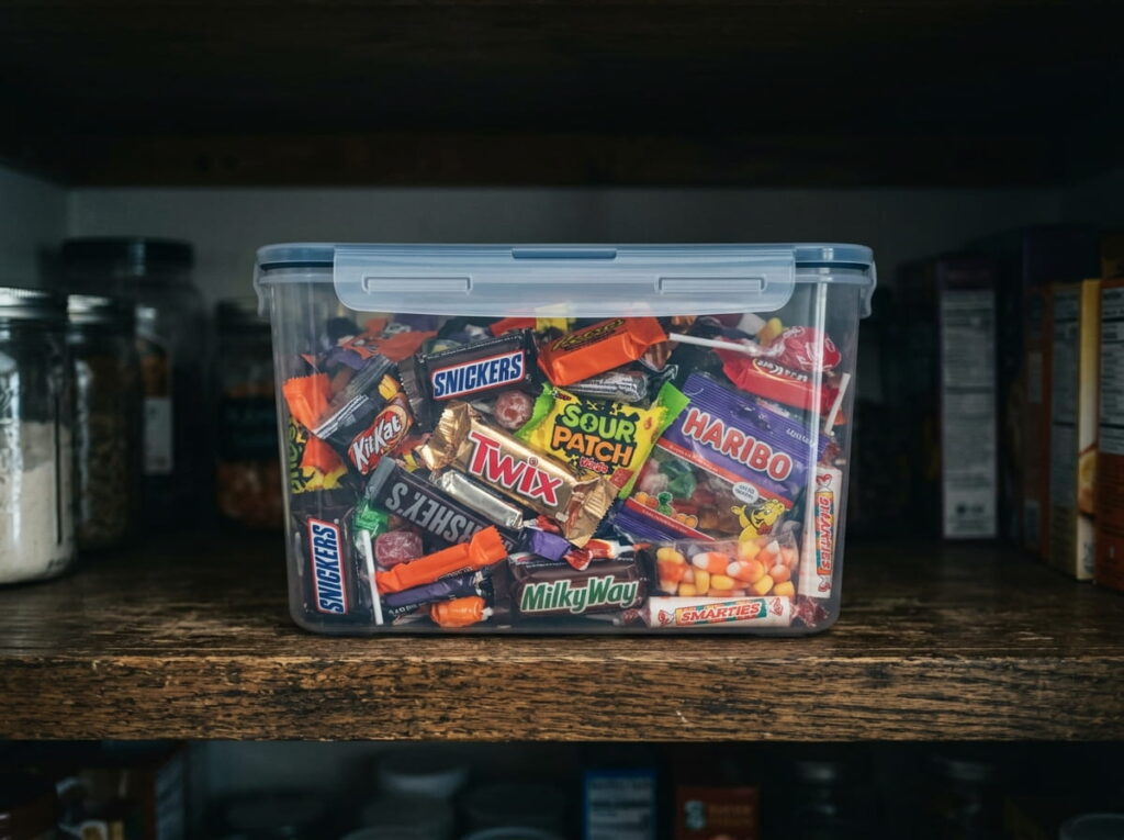 Halloween candy stored in a sealed airtight container in a cool, dry pantry