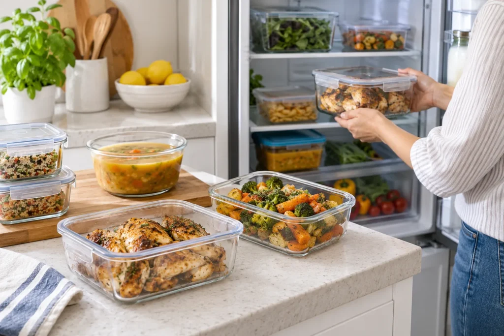 Different cooked leftovers including chicken, soup and roasted vegetables being stored in covered containers beside an open refrigerator.