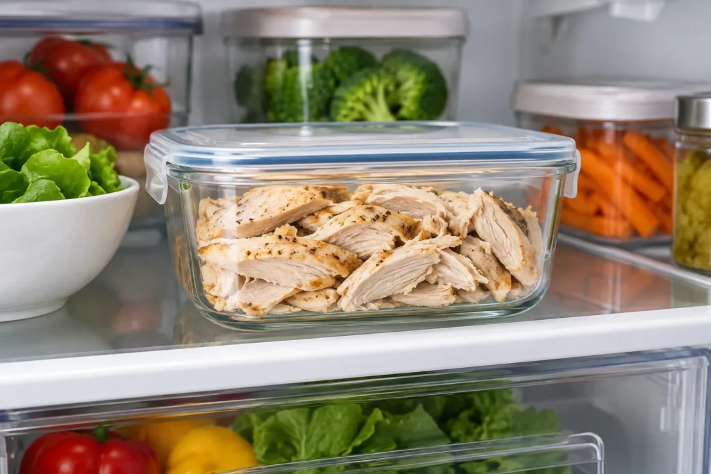 Cooked chicken stored in a sealed glass container on a refrigerator shelf with fresh vegetables nearby.