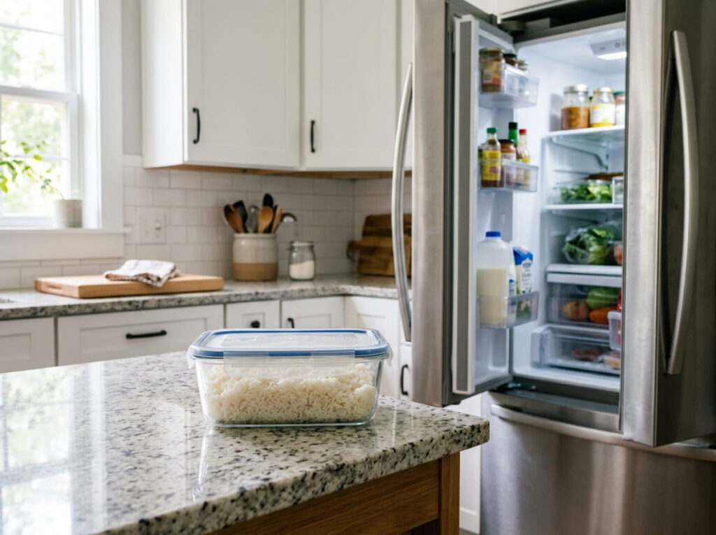How long does cooked rice last in the fridge: cooked rice stored in a covered container, ready to go in the refrigerator