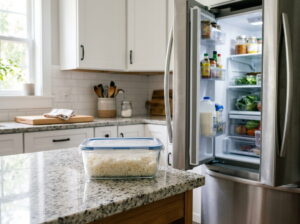 How long does cooked rice last in the fridge: cooked rice stored in a covered container, ready to go in the refrigerator