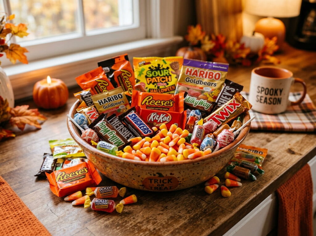 How long does Halloween candy last: assorted wrapped Halloween candy in a bowl on a kitchen counter