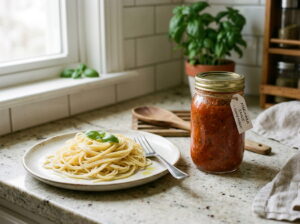 How long does spaghetti sauce last in the fridge: pot of tomato spaghetti sauce next to a plate of cooked spaghetti on a kitchen counter