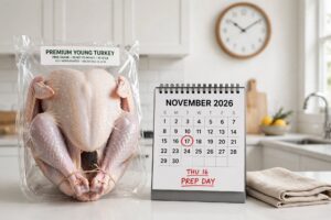 How long to thaw a turkey: whole turkey defrosting on a tray in the refrigerator