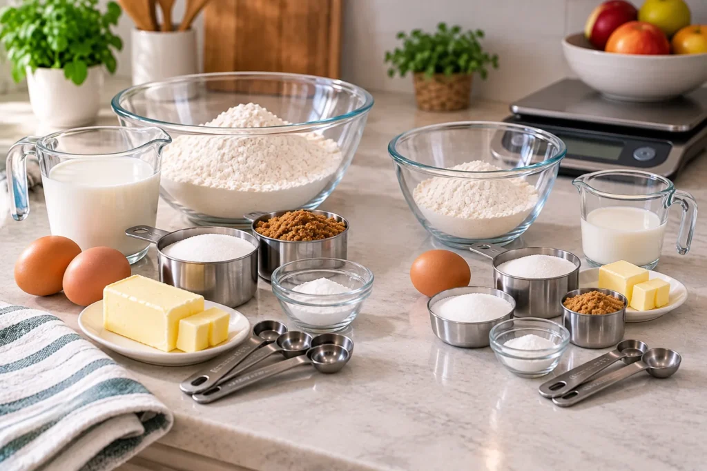 Baking ingredients arranged in full and half-size portions with measuring cups, eggs, butter and a digital kitchen scale.