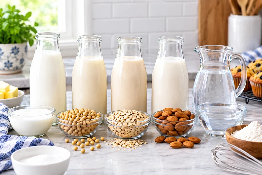Soy, oat, almond and dairy milk side by side for a baking substitute comparison