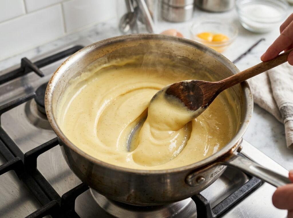 Pastry cream made with a milk substitute for baking being stirred in a saucepan, showing a thickened custard consistency