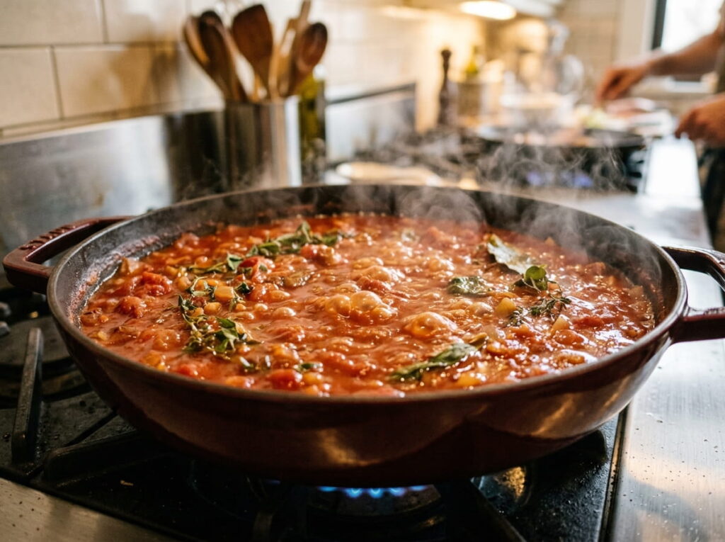 A wide pot of stew simmering uncovered with steam rising, showing surface area for reduction