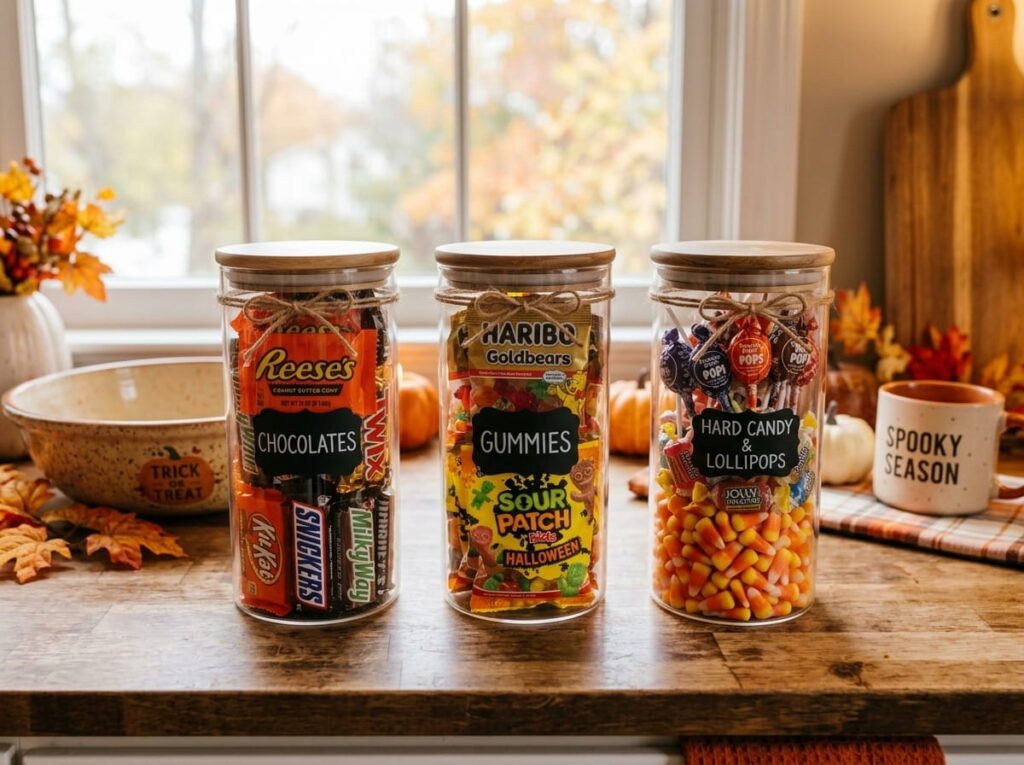 Assorted leftover Halloween candy sorted by type into labeled airtight containers