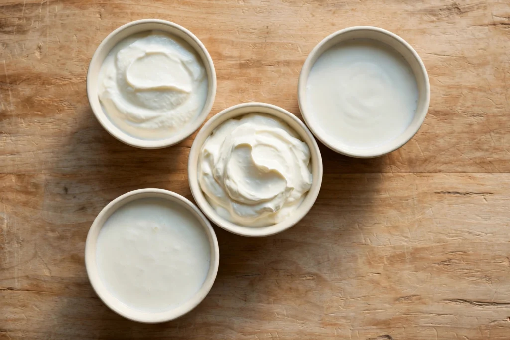 Bowl of sour cream next to small bowls of Greek yogurt, buttermilk and kefir on a wood countertop