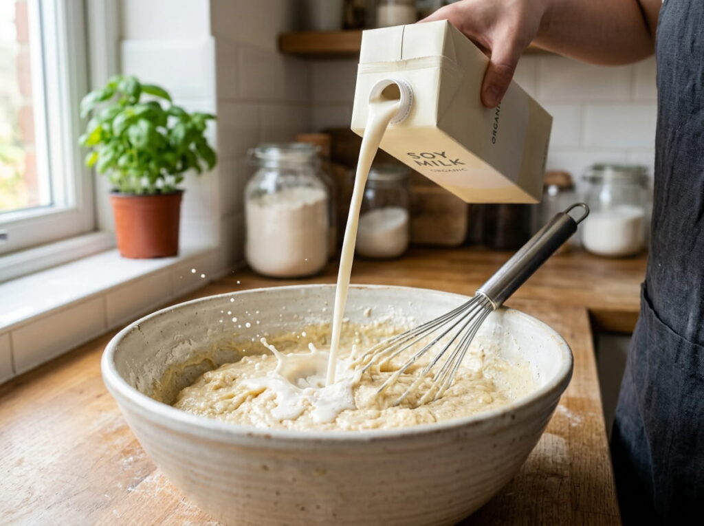 Soy milk being poured into cake batter as a dairy milk substitute for baking