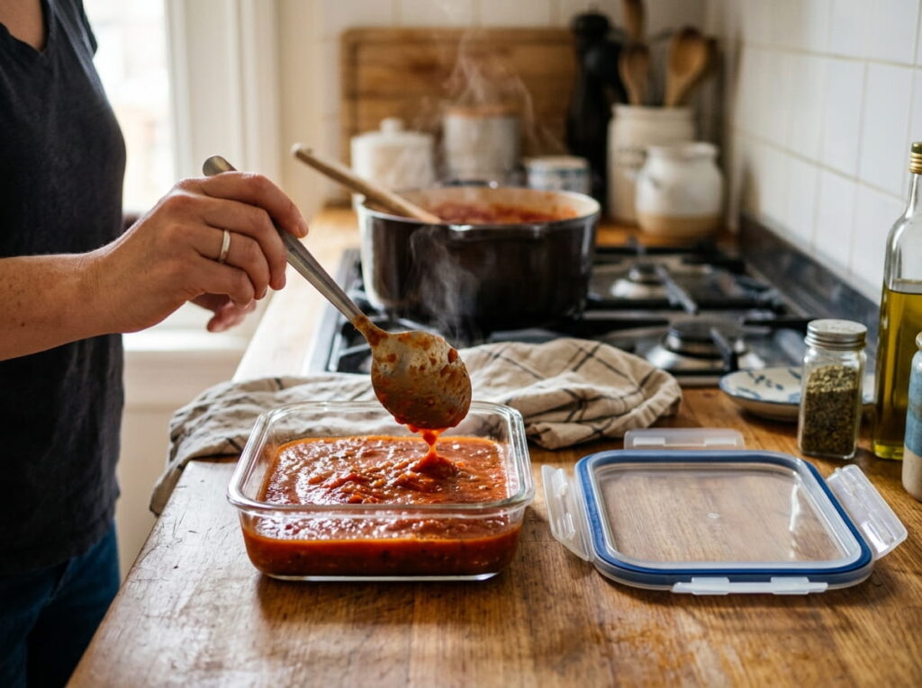 Spaghetti sauce being spooned into a shallow container to cool before refrigerating