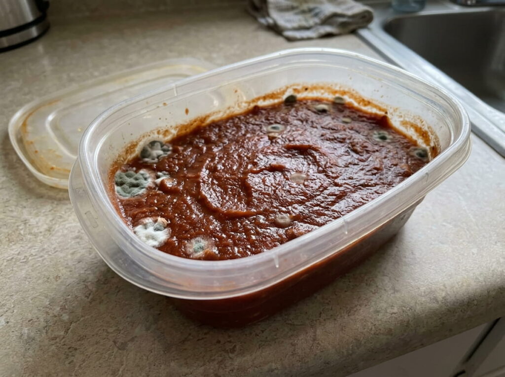 Container of spaghetti sauce showing surface mold as a sign of spoilage