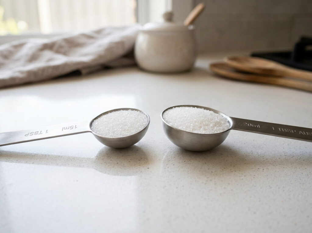 Two measuring spoons of different sizes, each filled level with sugar, shown side by side
