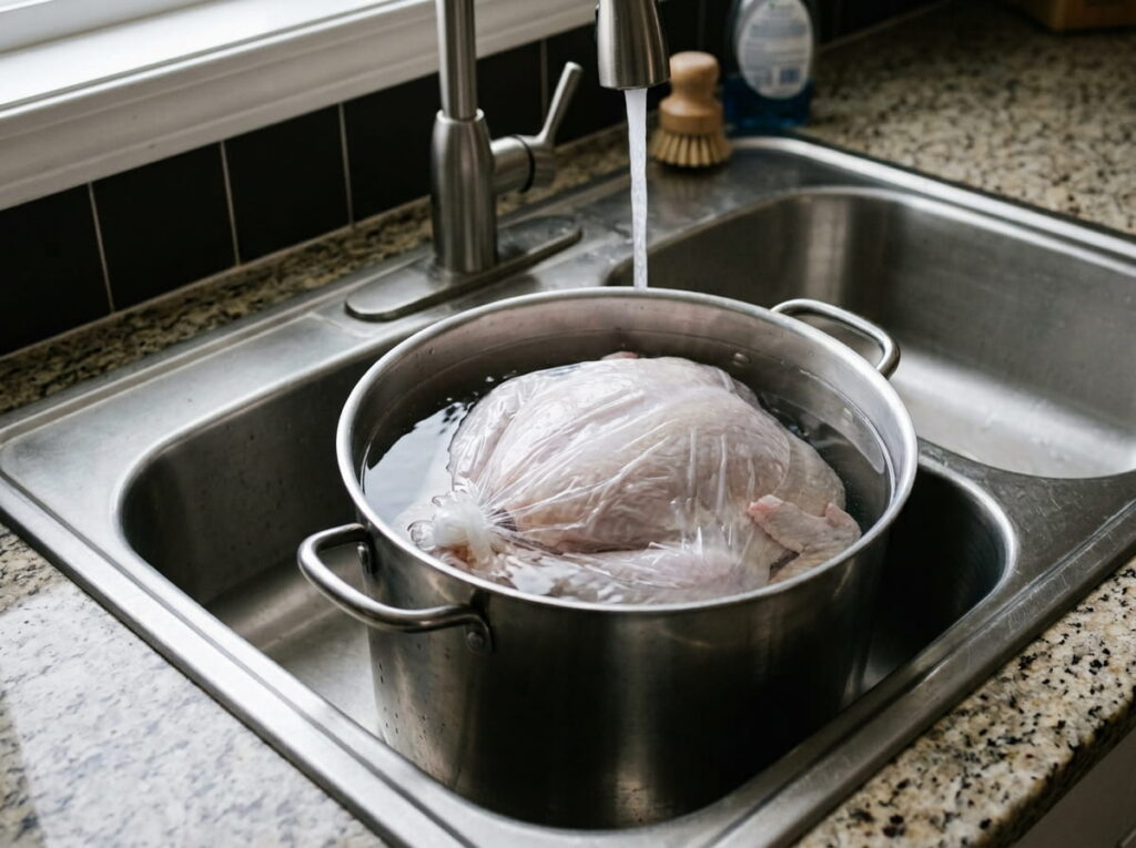 Turkey submerged in cold water in a large pot or cooler for faster thawing