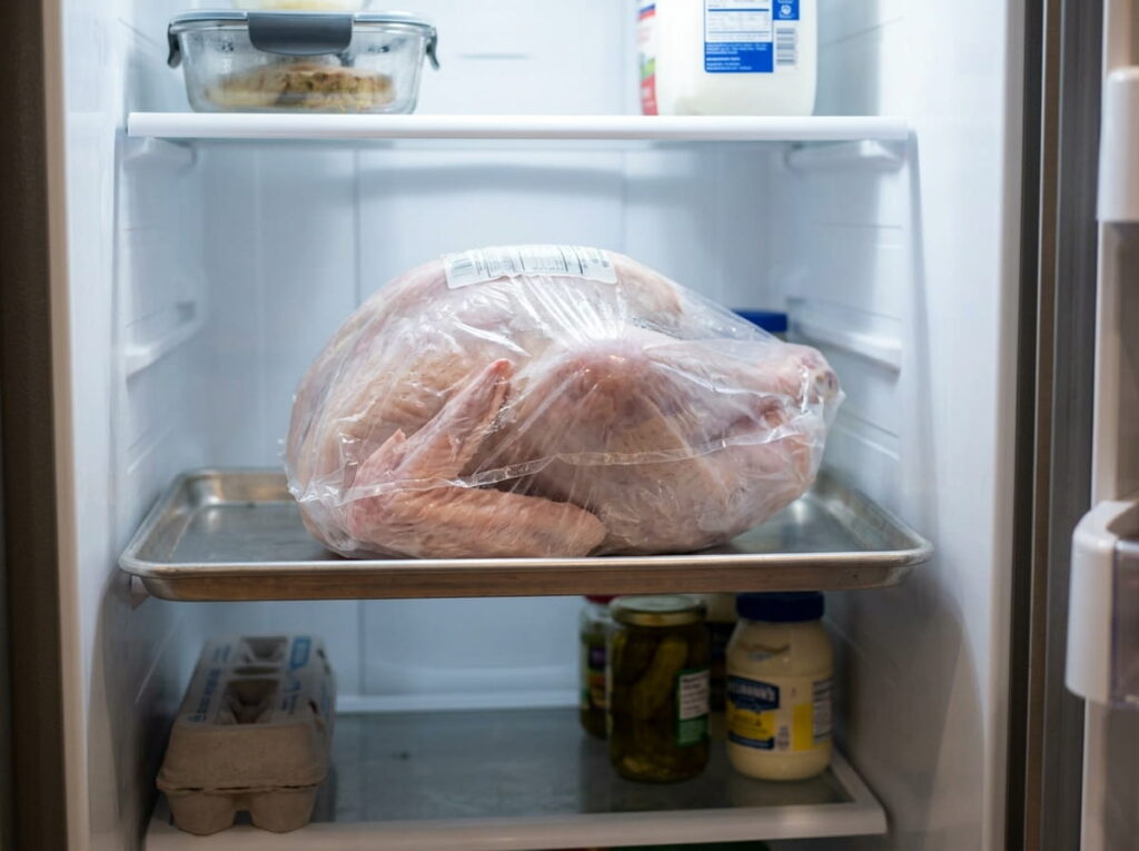 Whole turkey thawing breast side up in its wrapper on a tray in the refrigerator