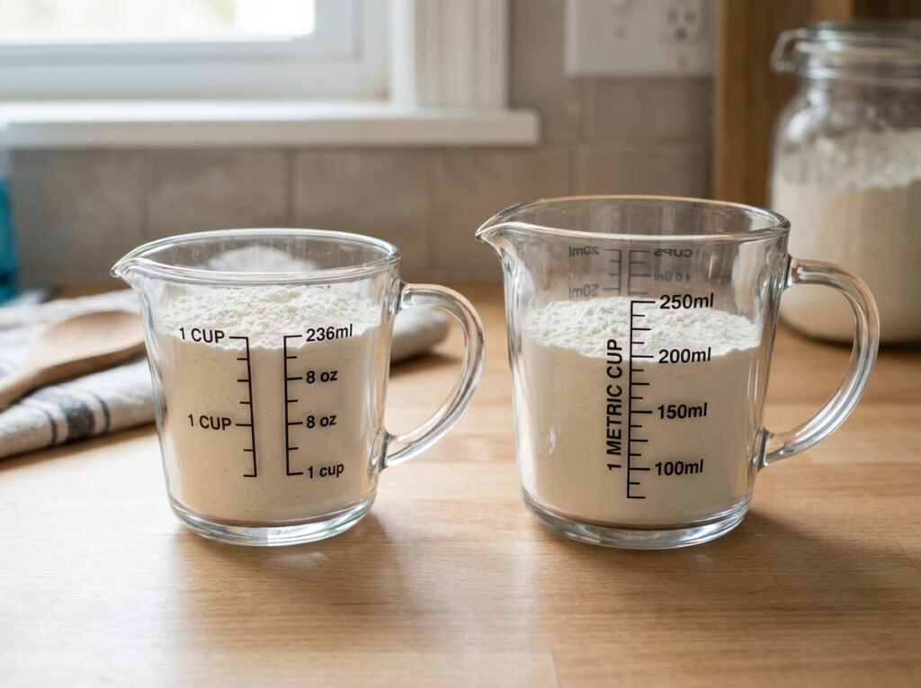 A US measuring cup and a metric measuring cup shown side by side to compare volume