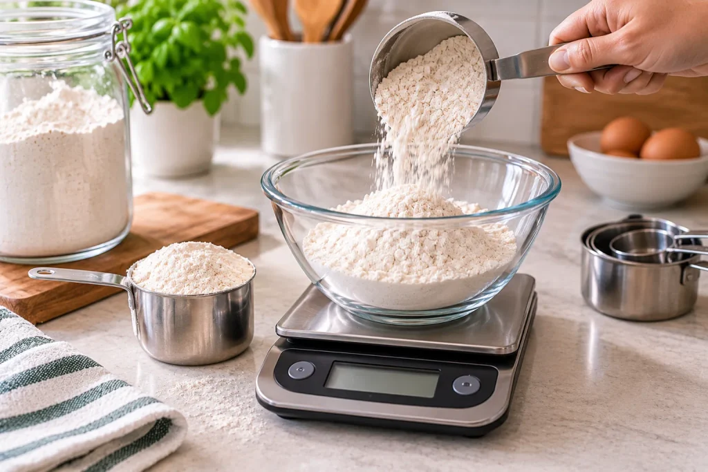 Flour being weighed in grams on a digital kitchen scale
