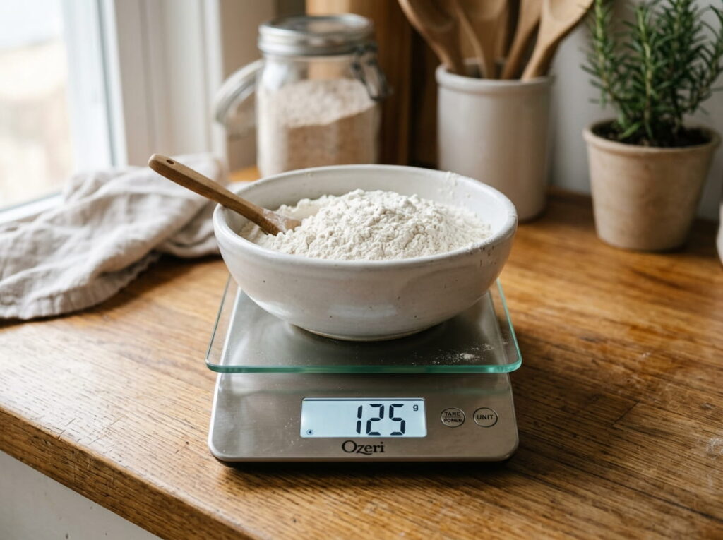 Kitchen scale displaying a gram measurement with a bowl of flour on top